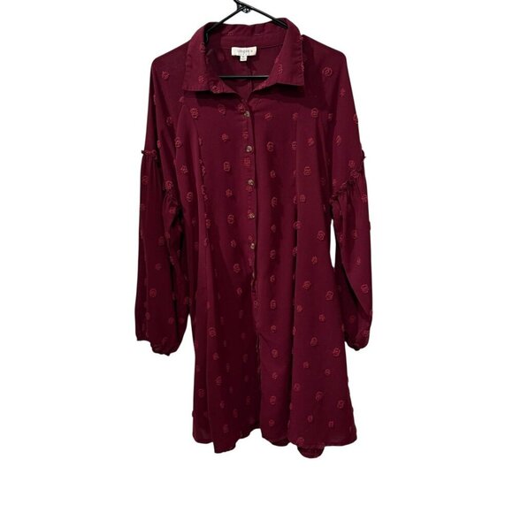 Umgee Burgundy Textured Polka Dot Long Sleeve Tunic Dress XL - Picture 1 of 6